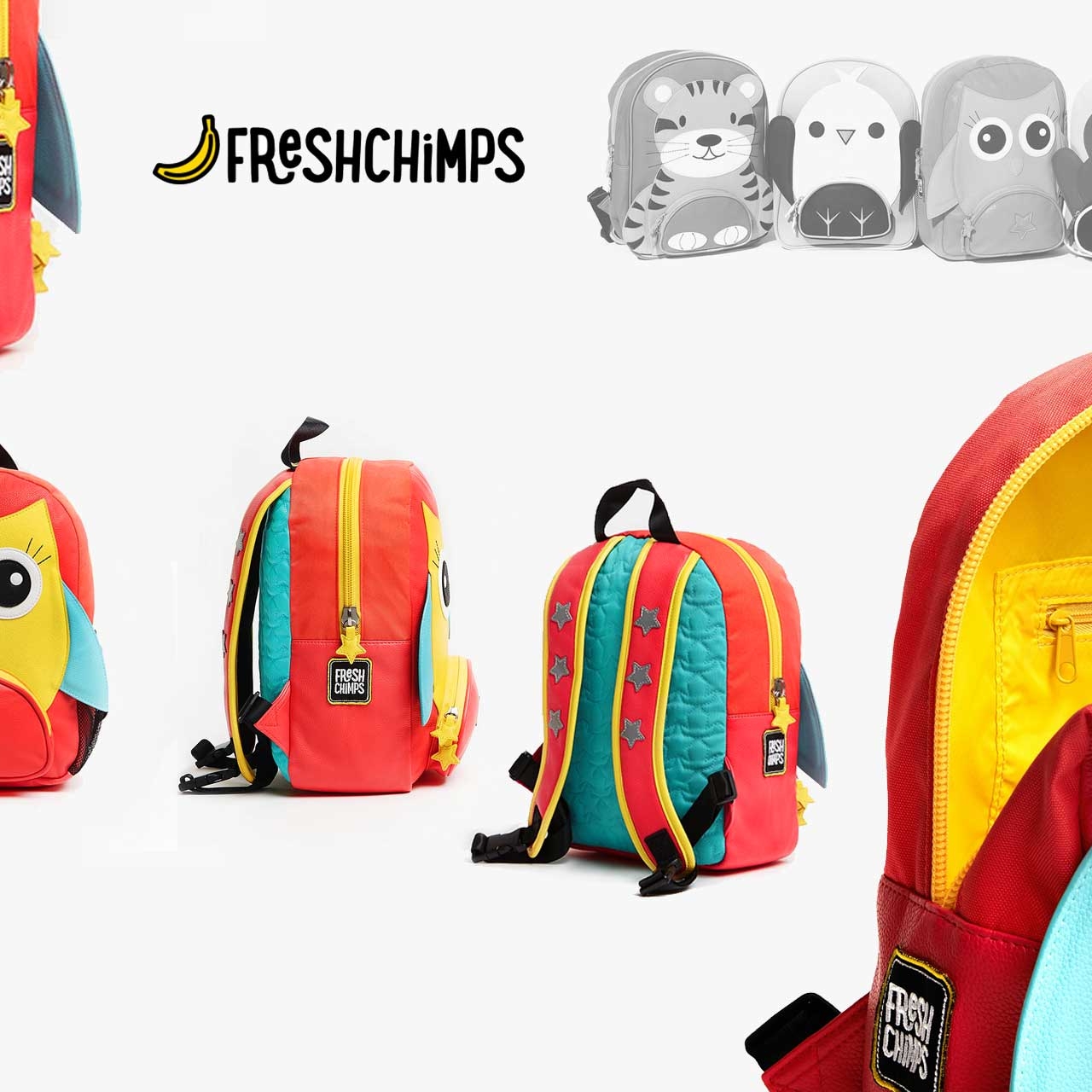 Grafisch ontwerpbureau TVHDesign realiseerde voor Freshchimps het ontwerp van Kinder rugtassen voor gebruiksgemak en veiligheid zonder in te boeten aan stijl en speelsheid