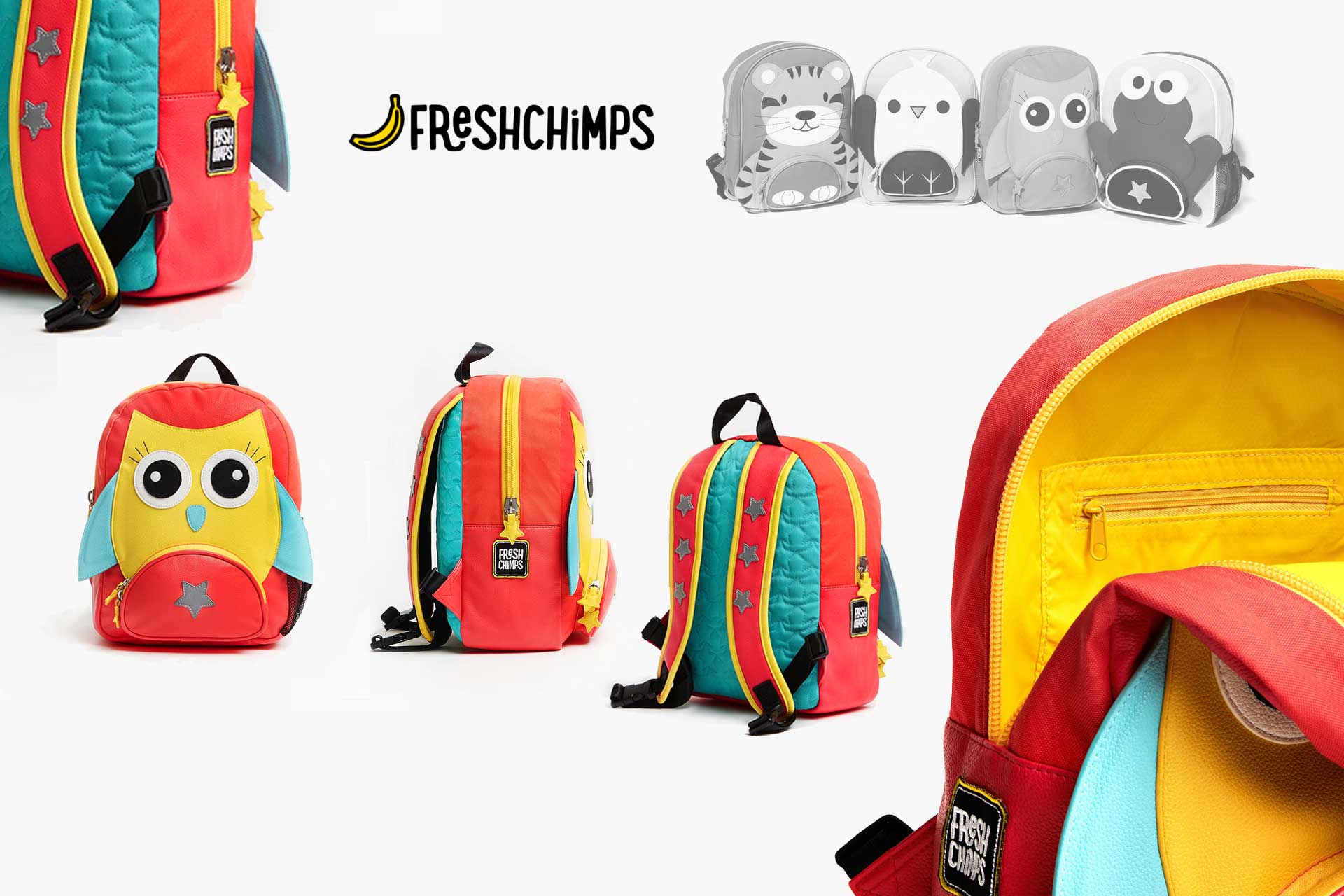 Grafisch ontwerpbureau TVHDesign realiseerde voor Freshchimps het ontwerp van Kinder rugtassen voor gebruiksgemak en veiligheid zonder in te boeten aan stijl en speelsheid