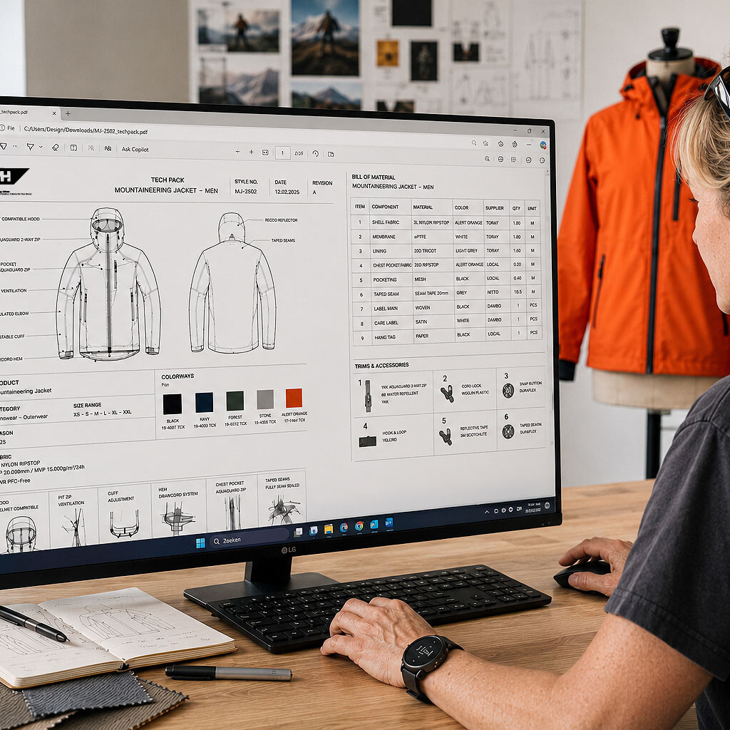 Ontwerper werkt aan een tech pack voor een bergsportjas, met technische tekeningen, kleurvarianten en materiaallijst op het scherm